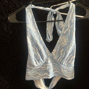 Cider Light Blue Halter Crop Top with Shell Jacquard